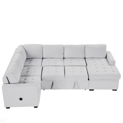Sectional Sofa With Pull-Out Bed And Lounge Chair, USB And Type-C Interfaces