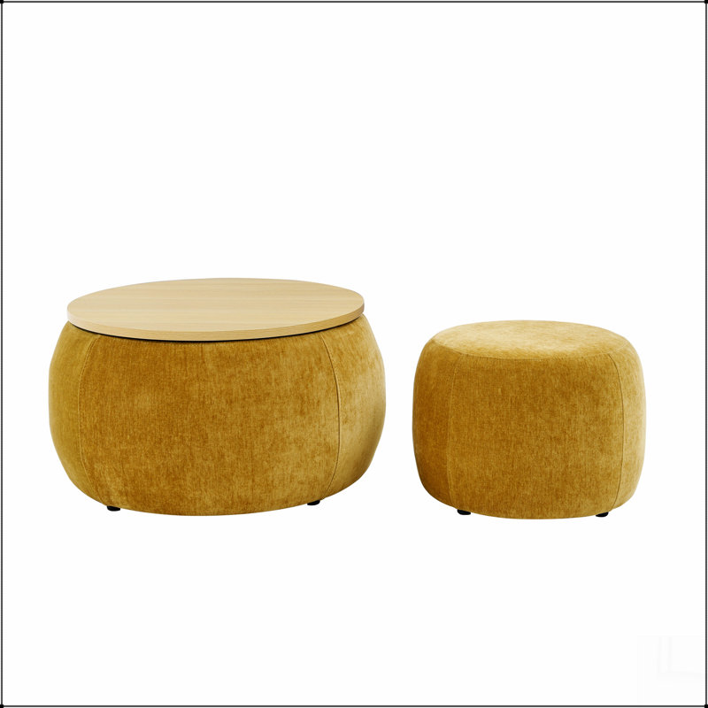 Round Storage Ottoman, 2 in 1 Function, Work as End table and Ottoman,with small seat,(25"x25"x14.7"), Dark Yellow