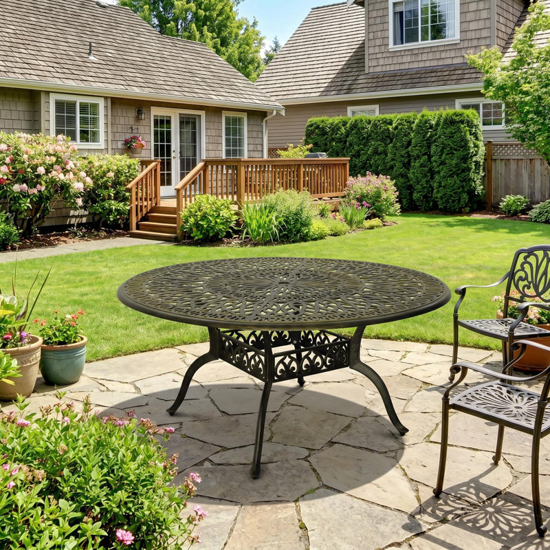 Tsolag 59''W Round Metal Outdoor Dining Table With Umbrella Hole