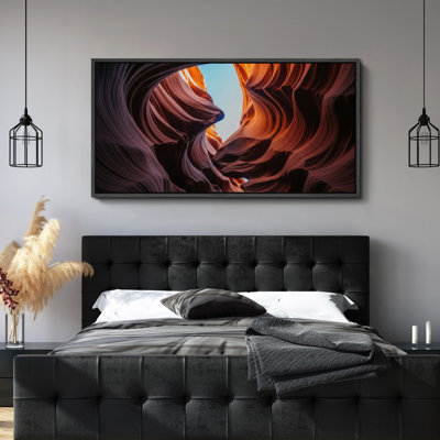 Antelope Canyon Sunlit Rock Formations Framed Canvas Wall Art - Dramatic Desert Landscape Photography for Southwestern or Contemporary Interiors