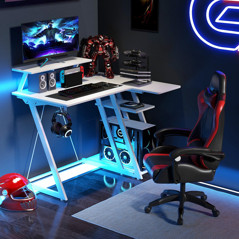 Computer Desk w/ Built-in Charge Station Metal Frame Gaming Desk w/ Monitor Shelf Writing Desk, White