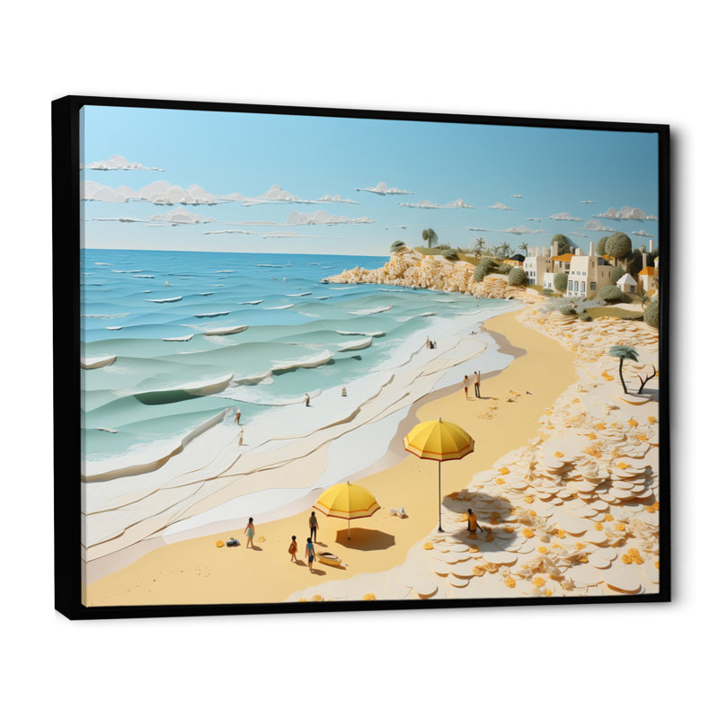 Ambre Coastal Beachside Wanderer Papercut sur toile, Cadre flottant noir, H 16 po x l 32 po x P 1 po