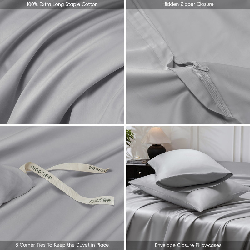 MooMee Duvet Cover Set Silky Sateen Look Luxury Sheen Zipper Closure & 8 Interior Ties 100% Long-Staple Cotton 600TC 