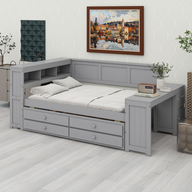 Daybed With Storage Shelves,Drawers,Trundle, Gray