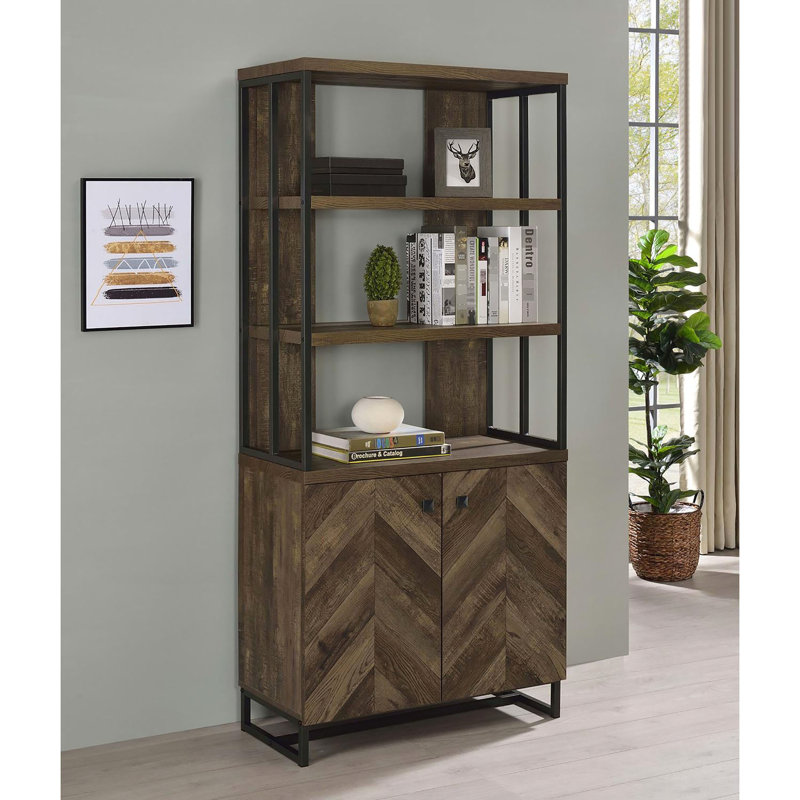 Oak Herringbone Rustic Bookcase With 3 Open Display Shelves And 2 Adjustable In Cabinet Bookcase, 2-Door For Den