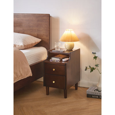 Solid Wood Nightstand with Two Drawers and Pull-out Panel Storage Bedside Table and Sofa Side Table