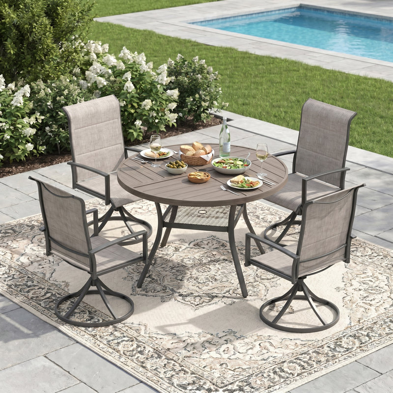 5-Piece Outdoor Patio Dining Set With Swivel Chairs, Gray, Gray Woodlike