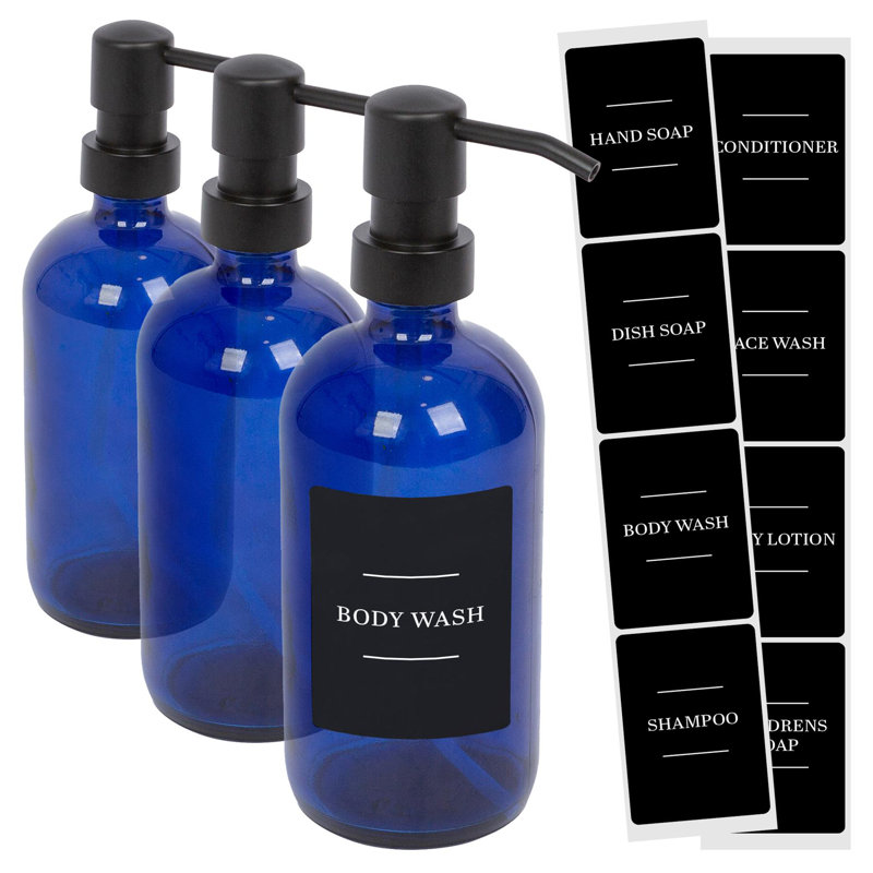 Glass Soap Dispensers with Labels - 500ml, Blue/Black
