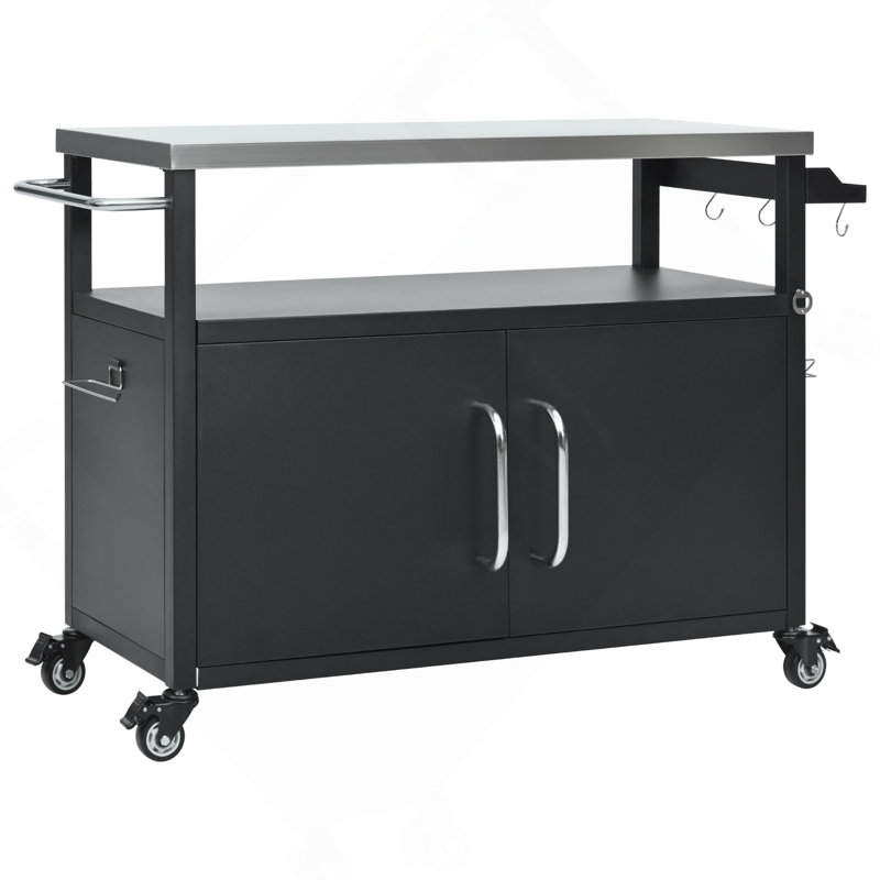 54.5" Outdoor Kitchen Island With Stainless Steel Tabletop, Metal Grill Cart Table With Storage Cabinet, Spice Rack And Towel Rack, Outdoor Bar Cart With 4 Lockable Wheels For Outside BBQ