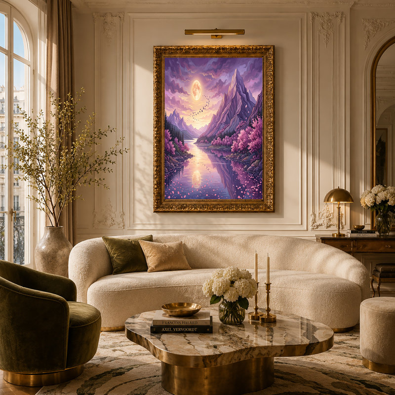 Toile mauve avec lac en fleurs roses et lune, H 20 po x l 30 po