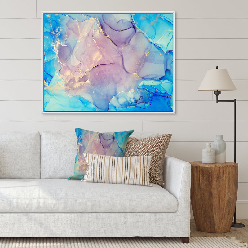«Blue and Pink Marble Ink Clouds II», peinture sur toile, Cadre flottant blanc, H 12 po x l 20 po x P 1 po