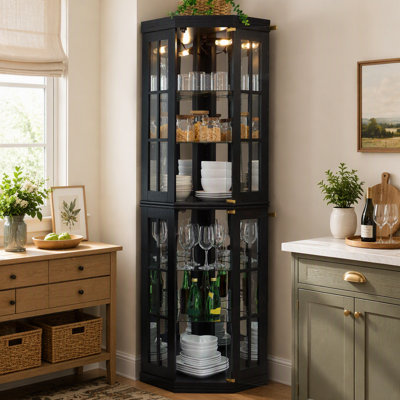 Meuble de coin moderne et minimaliste avec éclairage intégré, armoire de rangement haute pentagonale noire avec portes vitrées supérieures et inférieures, vitrine autoportante pour salon, chambre, cuisine