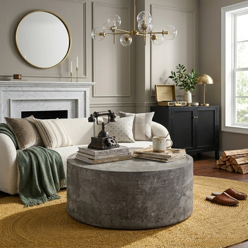 Modern Round Drum Coffee Table, Fully Assembled, 12" H x 39.37" L x 39.37" W, Stone Gray