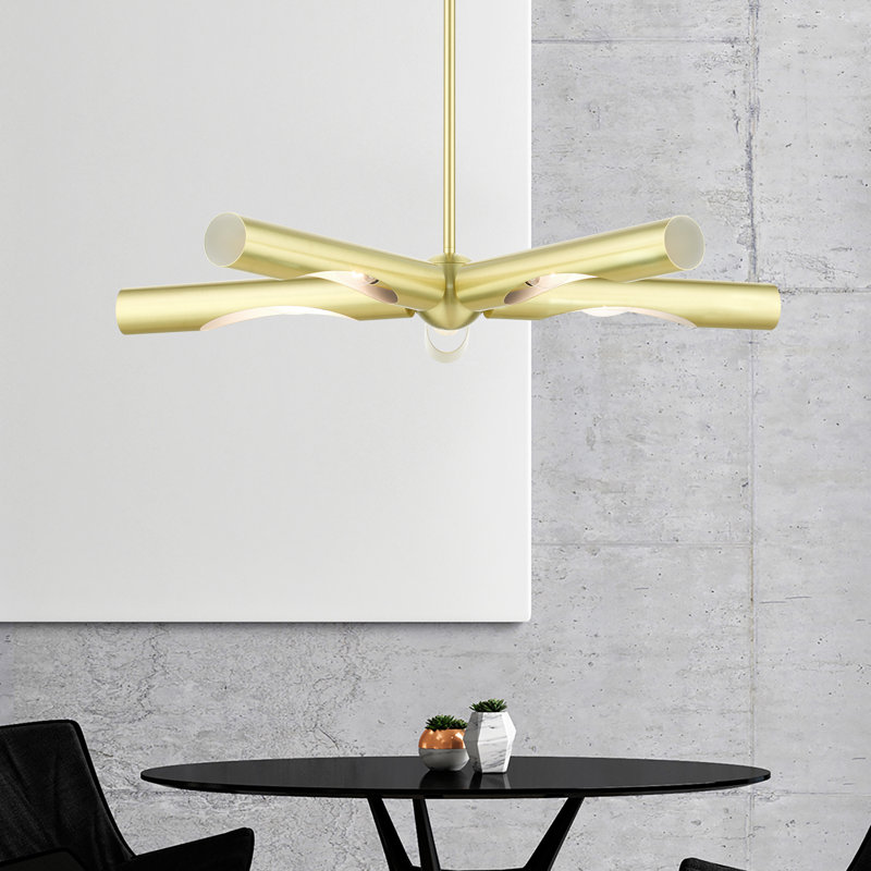 Lustre linéaire moderne Spoutnik 5 lumières Clearlake, Laiton satiné, Laiton satiné