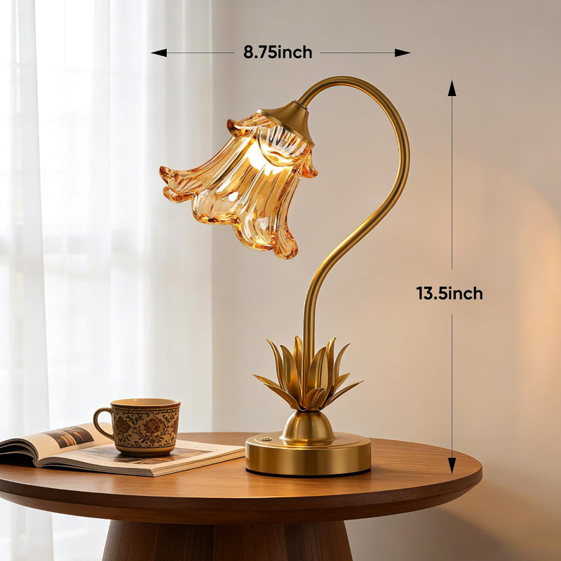 Lampe de table à fleurs 13,5 po avec abat-jour en verre Lampe de bureau portable ambre pour table de chevet, patio, camping