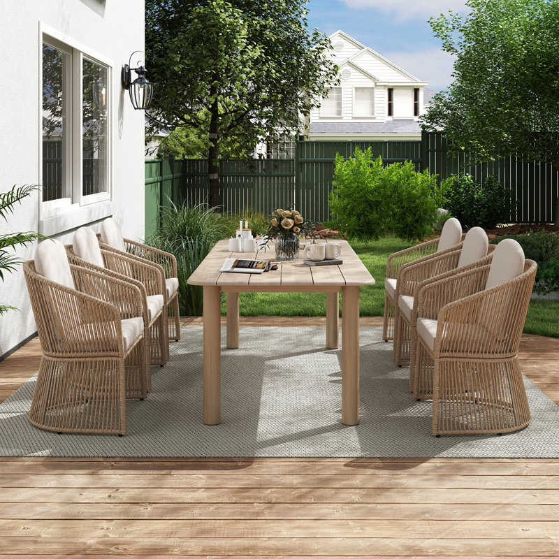 7-piece Alfresco Dining Set With Solid Wood Table And 6 Steel Frame Armchairs
