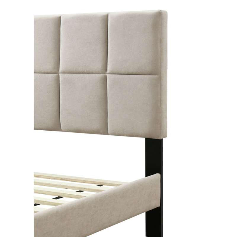 Lit simple en tissu gris - Tête de lit dans une boîte carrée