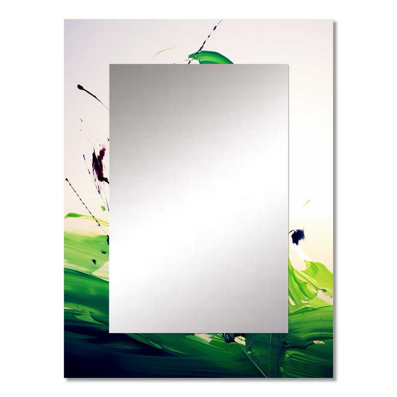 Green And White Abstract Ink Expression IV - Modern Rectangular Wall Mirror, 32" x 24"