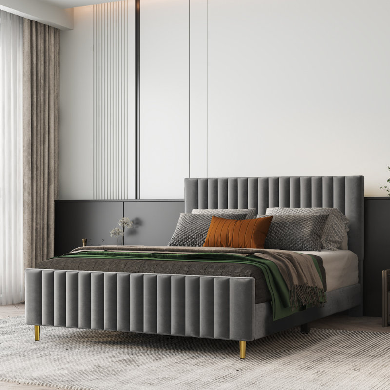 Lit plateforme Aykah Privé With Sleek Lined Platform Bed , Double, Gris