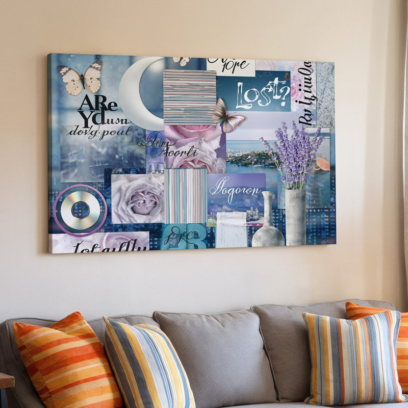 Toile un collage vibrant mettant en vedette un tableau de teintes mauves mettant en vedette des papillons délicats flottant au-dessus de tendres impressions sur toile florales