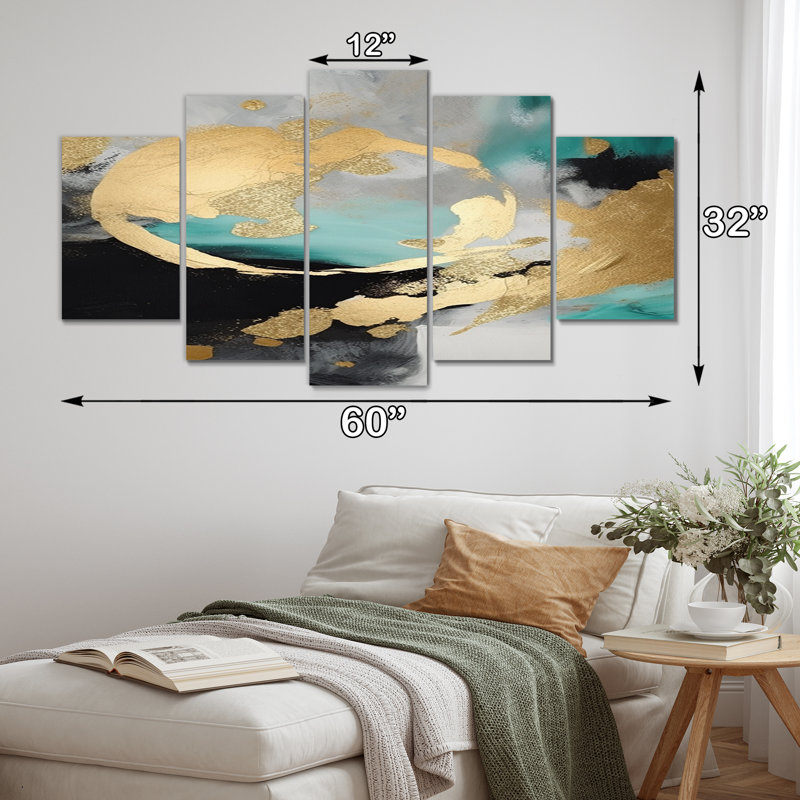 «Full Moon Happiness Turquoise Abstract V», reproduction d'art abstrait mural - 5 panneaux