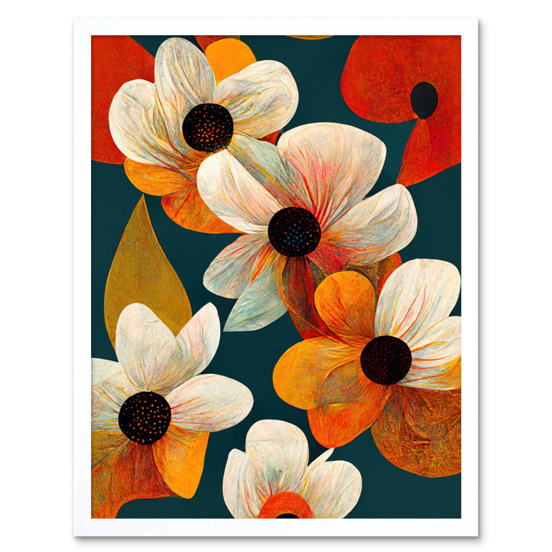 Bold Colourful Daisies And Poppy Flowers - Print, White Framed Paper, 25.9cm H x 20.6cm W x 1.5cm D