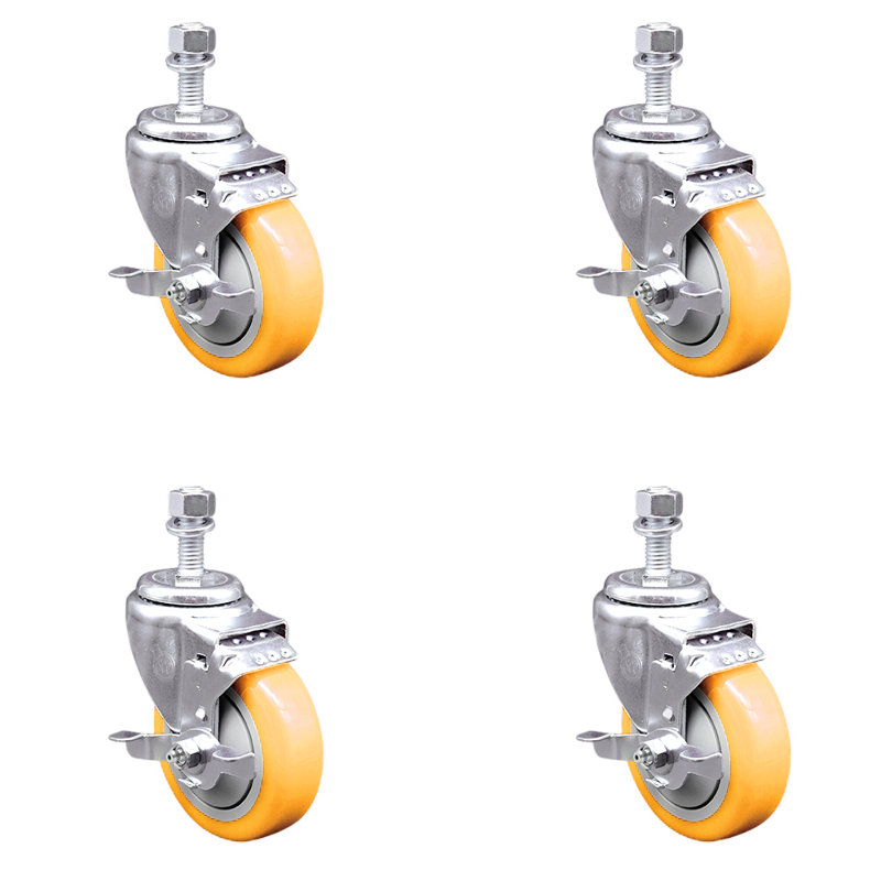 4 Inch 316SS Yellow Polyurethane Swivel 12mm Threaded Stem Caster Set Brake