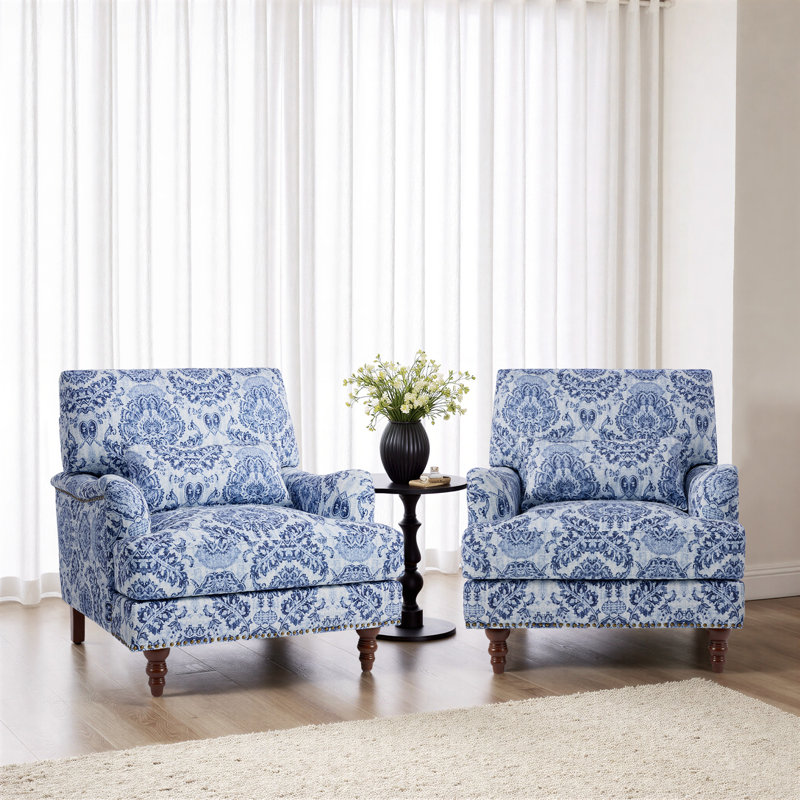 Upholstered Plants Navy Nailhead Trim Accent Chair with Throw Pillow and Solid Wood Legs (Set of 2), Navy Linen
