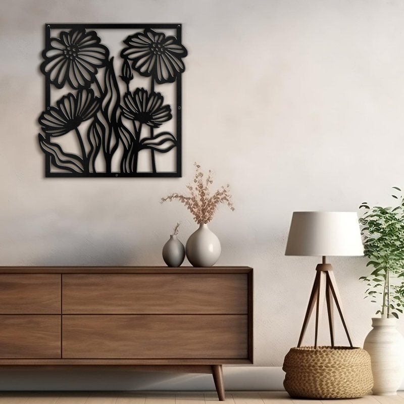Décoration murale décorative abstraite murale fleur en métal, Noir, H 18 po x l 18 po x P 0,05 po