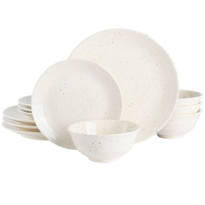 12 Piece Stoneware Dinnerware Set in White Speckle