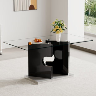 63'' Glass Dining Table With Durable Manufactural Wood Base,Modern Design For 4-6 People