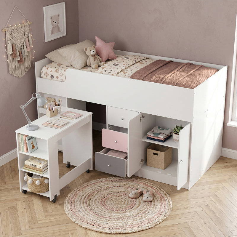 Liston Kids Mid Sleeper Bed with Ladder and Storage with Custom Green and Pink Panel Design