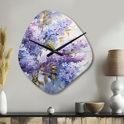 Purple And Blue Lilac Bush In Bloom - Lilacs Asymmetrical Metal Wall Clock, Purple Unique Shape Clock Print