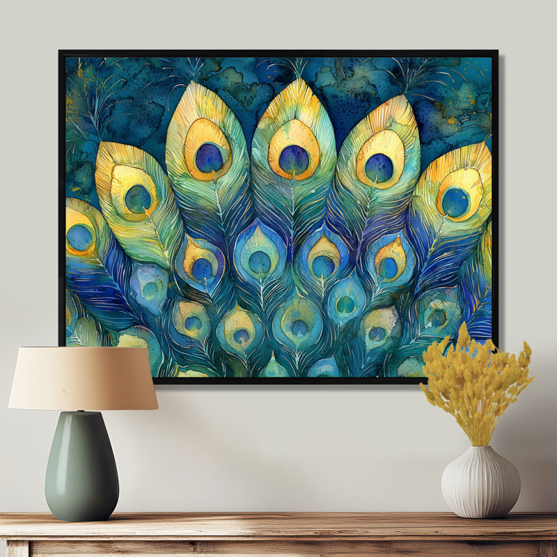Emerald Peacock Feather Mosaic II - paon, art mural sur toile, H 12 po x l 20 po, Cadre flottant, Noir