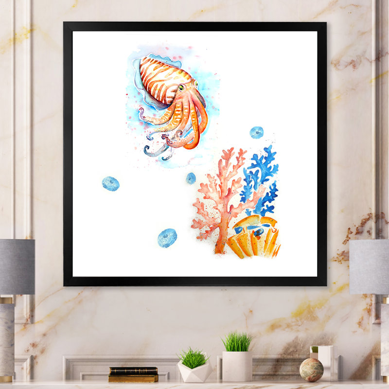 Aquarelle, seiche, art mural II, Cadre photo noir, H 16 po x l 16 po x P 1 po