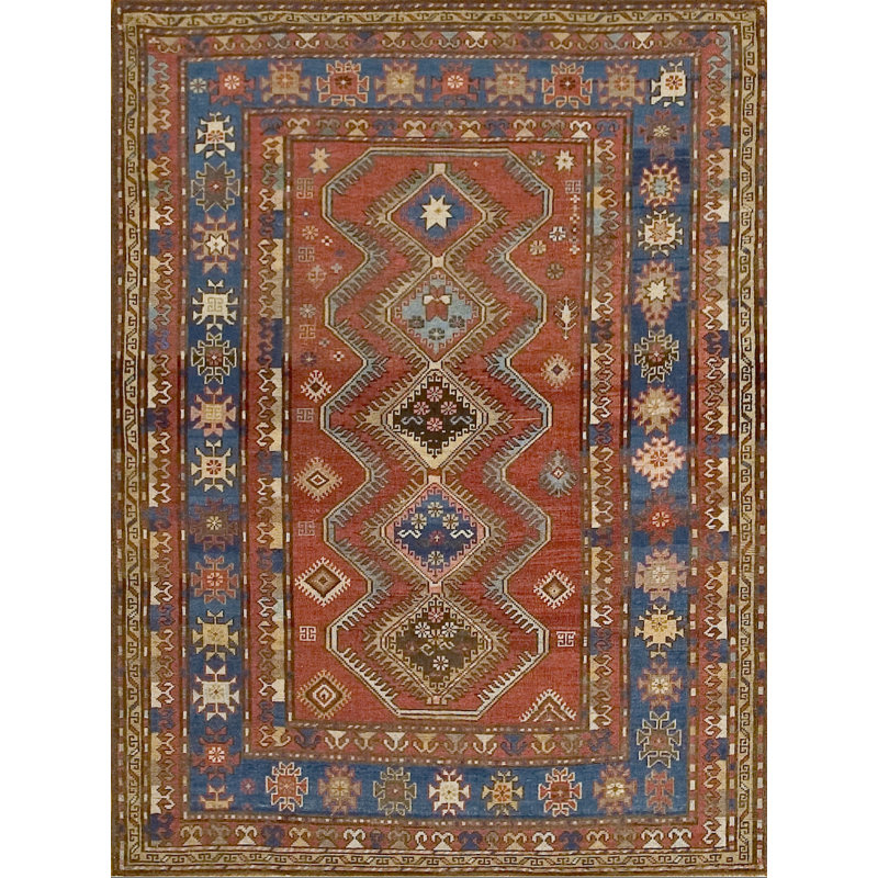 Small Size Rustic Tribal Geometric Antique Late 19th Century Caucasian Kazak Rug