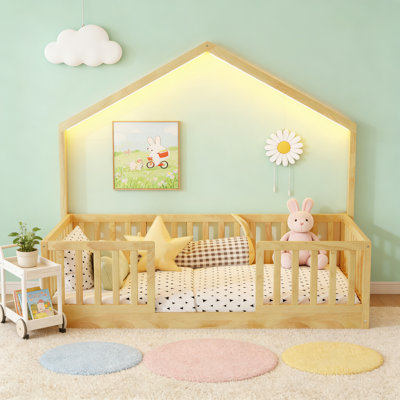 Lit sur pied avec rails hauts, lit Montessori en bois avec lumière pour enfants, garçons et filles