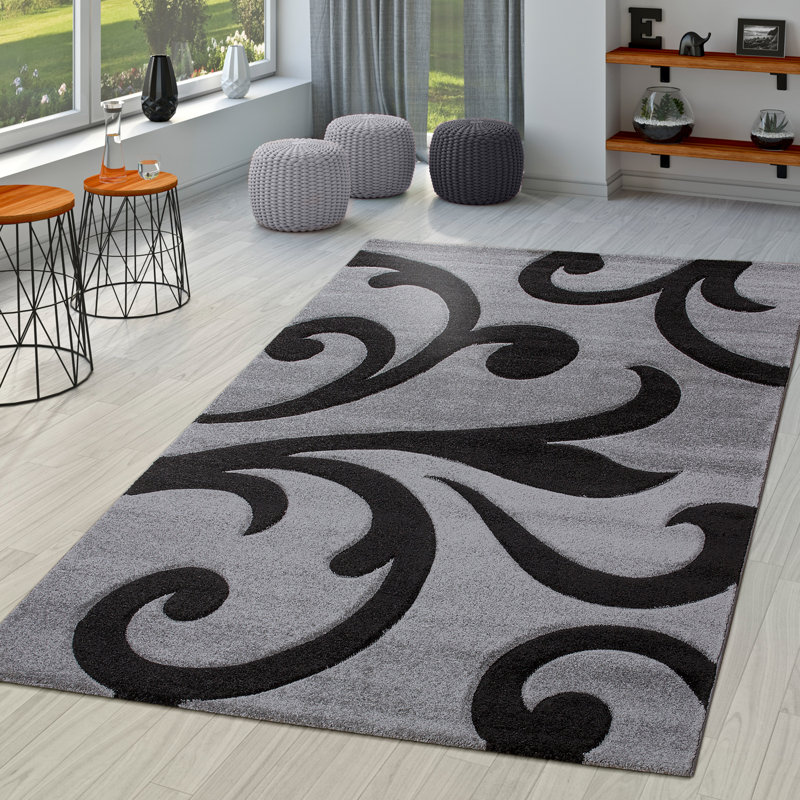 Tapis en polypropylène tissé à la machine à motif floral Kas / gris / noir, Rectangle 2 pi 7 po x 4 pi 11 po