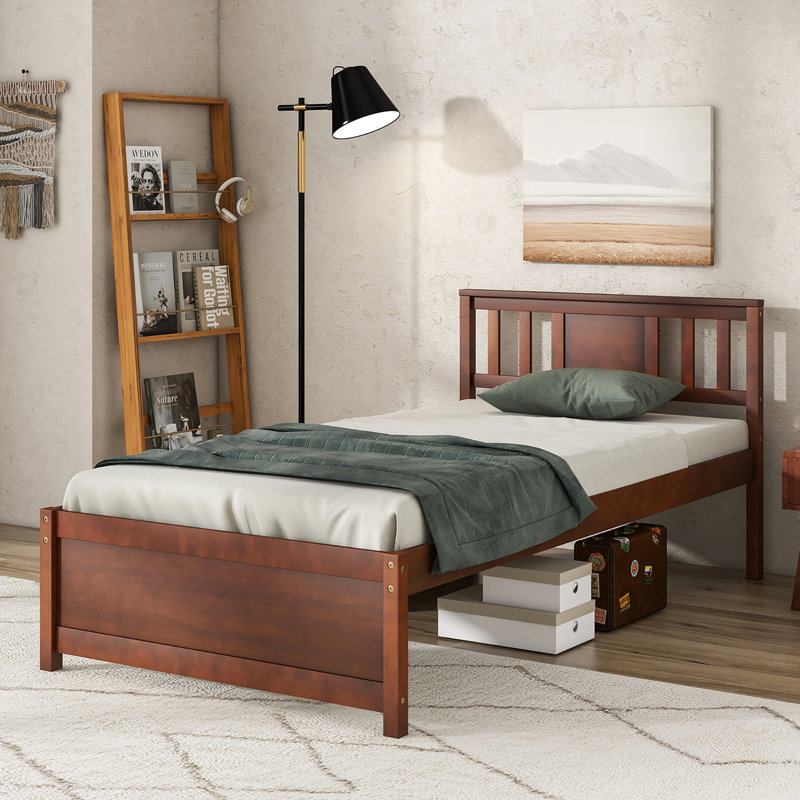 Structure de lit avec support de lattes de bois de tête de lit sans sommier, Simple, Brun