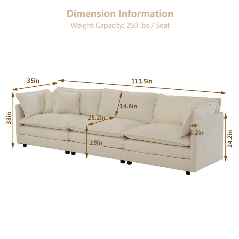 Chenille Cloud Canapé, canapé 4 places pour le salon , Café crème, H 33 po x l 111,5 po x P 35 po, 3