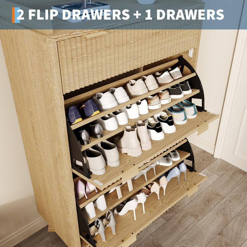 Fluted Wood Shoe Storage Cabinet for Entryway with 2 Flip Drawers & Adjustable Shelves, 48" Tall Freestanding Hidden Narrow Shoe Organizer Rack
