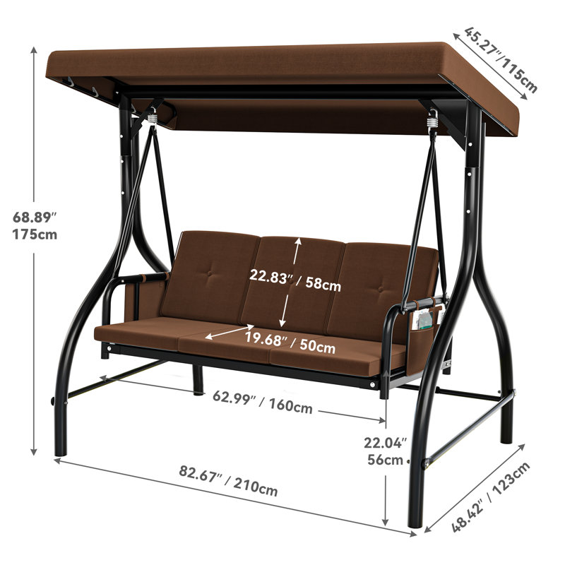 Brown 3-Seat Steel Patio Swing with Adjustable Canopy
