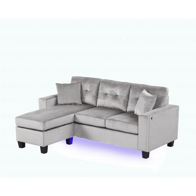 74"W Gray Velvet Reversible Sectional Sofa Chaise With LED Light, USB Port, Nailhead Trim, Throw Pillows, Tufted Cushion