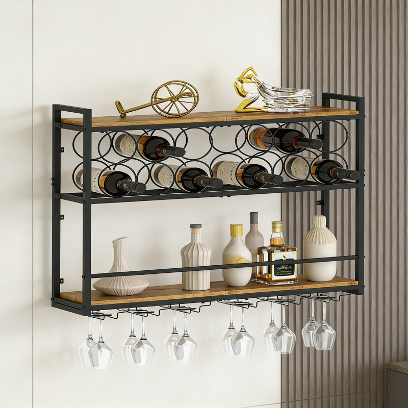 Support à vin mural, solution de rangement rustique industrielle à deux niveaux pour la cuisine, la salle à manger ou le bar à la maison
