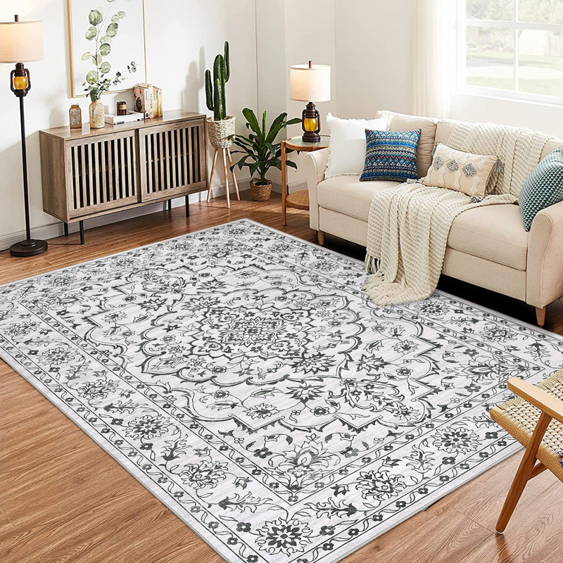Tapis floral ultra-mince rectangulaire lavable à la machine Almine, Rectangle 5 pi x 7 pi