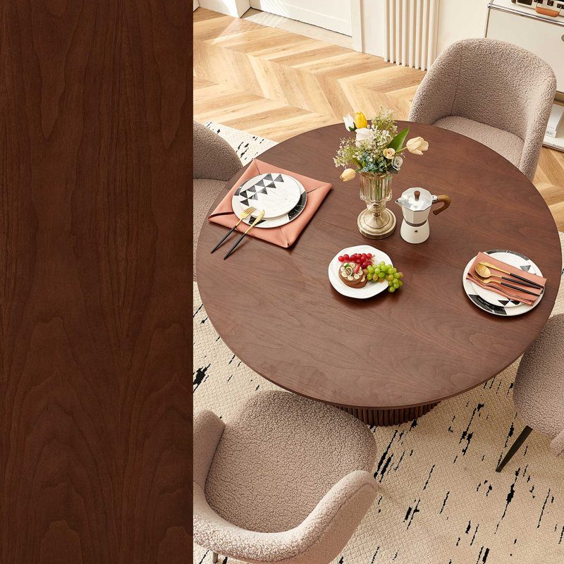 Round Table With Set Of Four Barrel Chairs, Walnut, Walnut, Brown