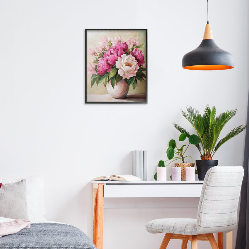 Giclée encadrée de bouquet floral rose vif, design par Petal Prints Design, H 14 po x l 11 po, Giclée encadrée noir minuit