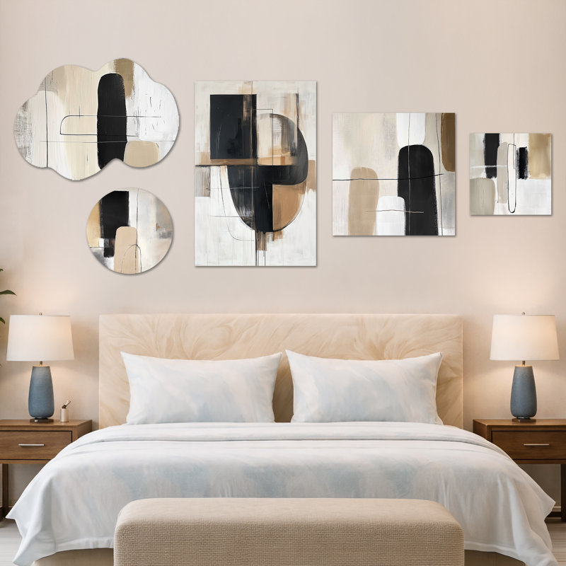 Minimal & Geometric Compositions in Nature Tones – Large Black Abstract Wall Decor, Canvas and Metal Print Set of 5 (100" x 40")