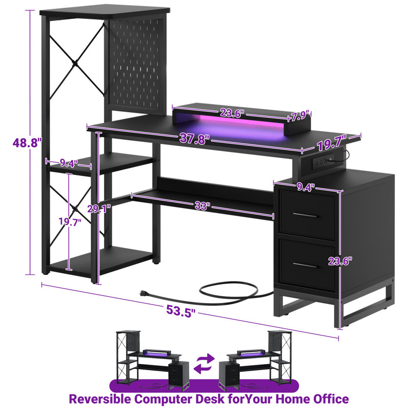 Reversible L Shaped Desk with Power Outlets and Fabric Drawers, Black