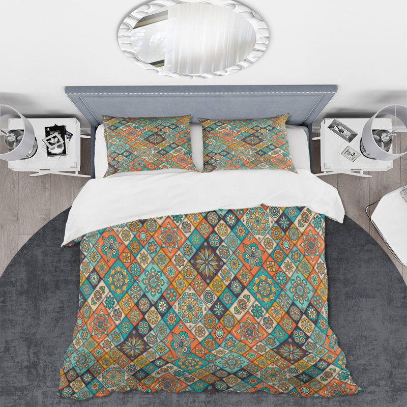 Ensemble de housse de couette en microfibre bleu / orange / jaune Praneil, Housse de couette très grand + 2 très grandes ta